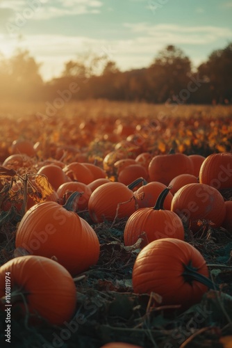 Pumpkin in farmland in Fall. Seasonal theme for greeting card background.