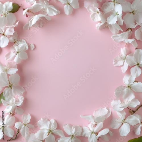 Flower petals and green leaves arranged on soft pink background for spring decoration