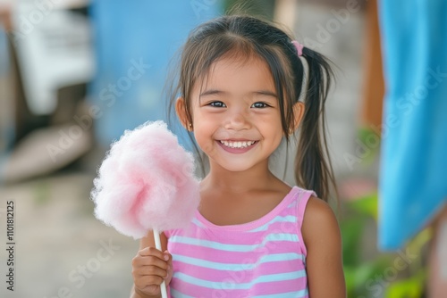 Young girl enjoying cotton candy in a sunny park during a cheerful afternoon