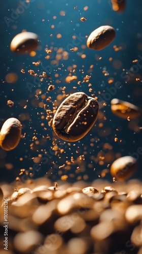 Floating coffee beans in a dark environment surrounded by specks of dust and ...