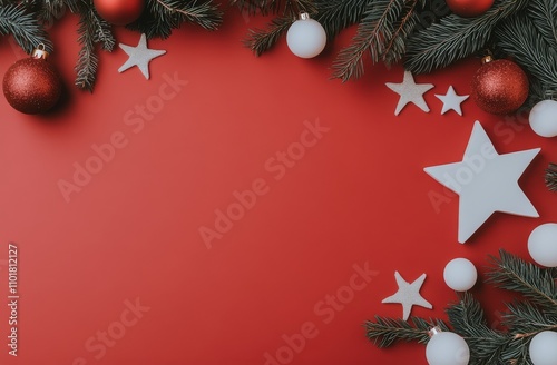Festive decorations arranged on a bright red background for holiday celebrations