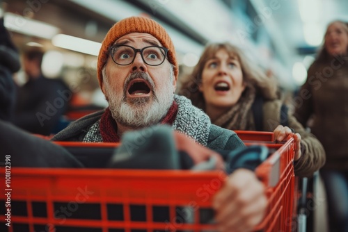 A person sitting in a shopping cart, looking surprised and taken aback photo