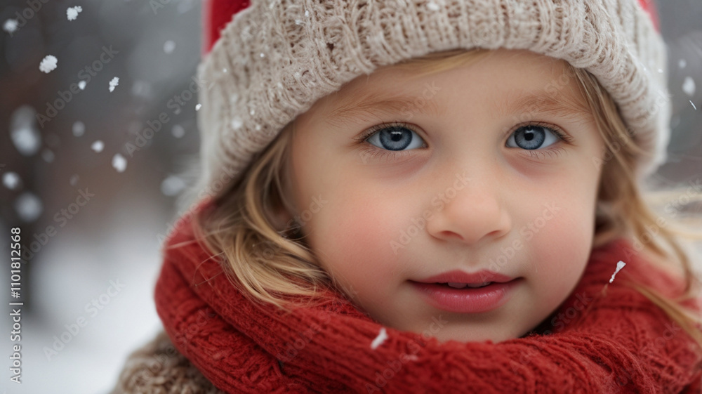 Portrait of cute little girl in woolen hat and wrapped in woolen scarf outside on the cold snowy winter day Portrait of cute little girl in woolen hat and wrapped in woolen scarf outside on the cold snowy winter day