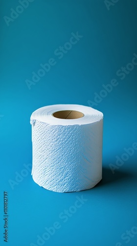 White toilet paper roll on blue textured background with shadow cast below