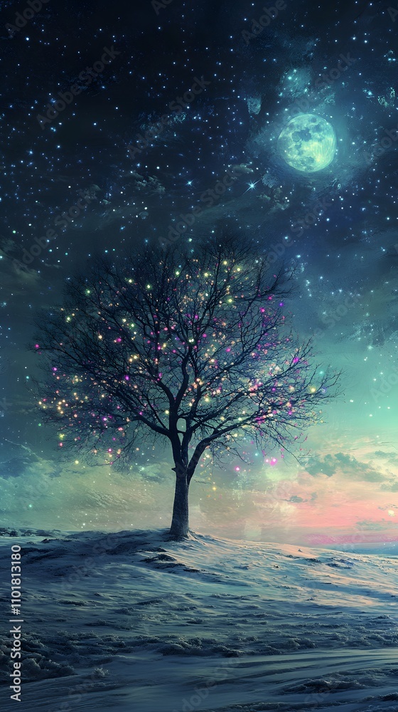 Fototapeta premium Glowing tree in snowy landscape under starry night sky.