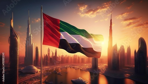 UAE National day, National Day of United Arab Emirates. National Day Concept Design, flag of united Arab emirates in desert background, wave flag of UAE, flag day
 photo