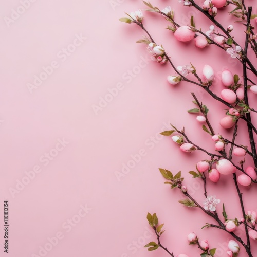 Decorative pink background with white eggs and blooming branches for spring c...