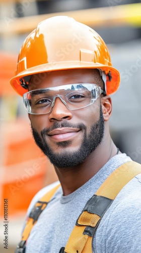 Construction worker wearing safety gear poses confidently at a job site durin...