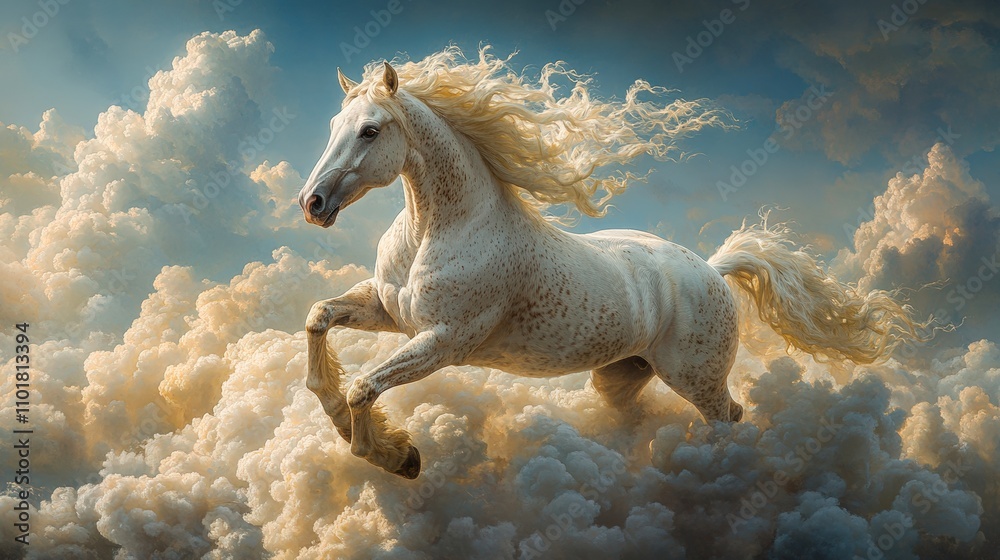 A majestic white horse leaps gracefully through fluffy clouds, creating a dreamlike atmosphere, This image can be used for advertising, motivational content, or themed art projects, A majestic white horse leaps gracefully through fluffy clouds, creating a dreamlike atmosphere, This image can be used for advertising, motivational content, or themed art projects,