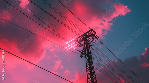 A close-up bottom view of overhead power lines against a sunset sky in Jakarta, Indonesia, with digital laser beams. Industrial technology background.