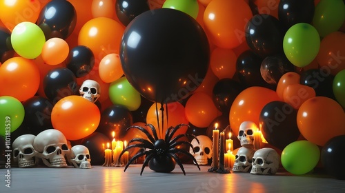A stylish Halloween party decoration with balloons in various shades of orange, black, and neon green, scattered across the floor with glowing skulls and candles illuminating the space.