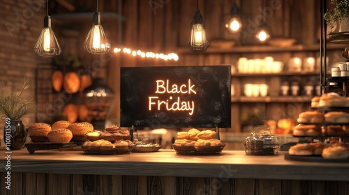 Rustic bakery counter with a glowing Black Friday sign. Black Friday food sale concept.