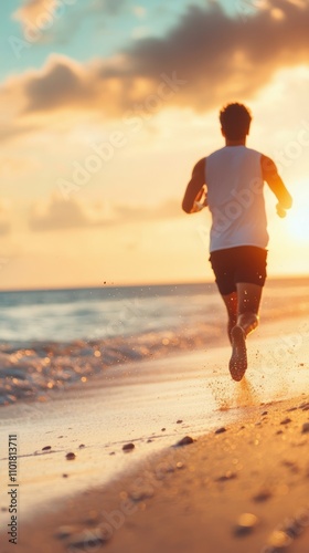 Man jogs along the beach during sunset near the ocean waves on a warm evening