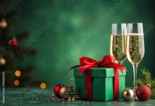 Two glasses of champagne and a gift on a green background. Christmas and New Year concept. photo