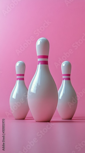 Bowling pins arranged on a bright pink background for a vibrant recreational ...