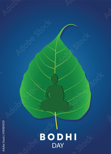 happy bodhi day December 8 buddha on Green banyan tree leaf vector poster