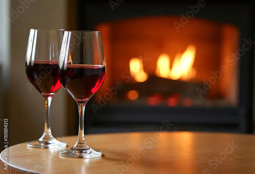 Glasses of red wine on table in front of fireplace, closeup