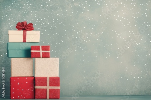 Colorful gift boxes arranged with a decorative bow against a polka dot backgr...