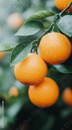 Bright oranges with raindrops hanging from lush green branches in an orchard