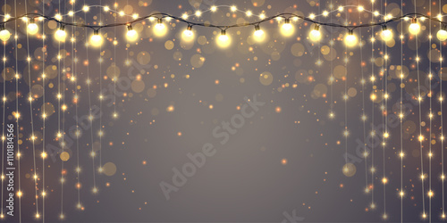 Golden Christmas glowing garlands with sparks. For congratulations, invitations