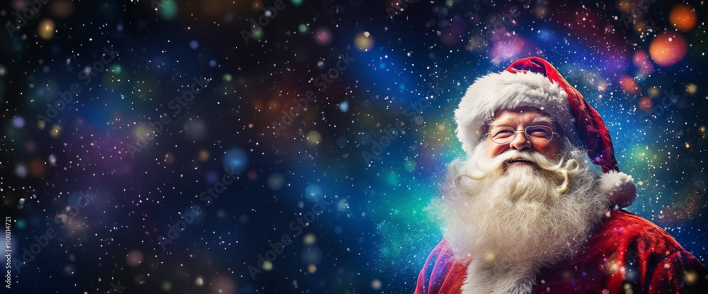 Santa Claus in a festive winter scene with snow, sparkling lights, magical bokeh background. for Christmas, holidays, and celebrations, radiating warmth, joy, and holiday spirit. Christmas banner