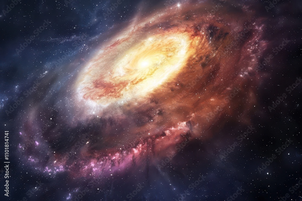 Obraz premium Glowing spiral galaxy with bright center and colorful swirling arms in deep space.