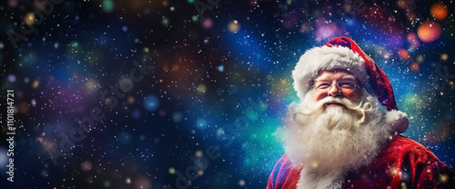 Obraz na płótnie Santa Claus in a festive winter scene with snow, sparkling lights, magical bokeh background. for Christmas, holidays, and celebrations, radiating warmth, joy, and holiday spirit. Christmas banner w salonie