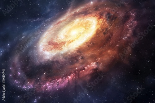 Glowing spiral galaxy with bright center and colorful swirling arms in deep space. photo