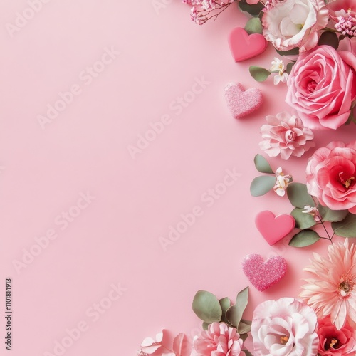 Colorful heart shapes and flowers on a pink background for decorative purposes