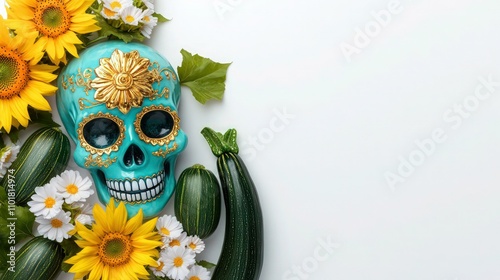 A sugar skull in turquoise with golden flower decorations, set beside blooming sunflowers and whole zucchinis. 