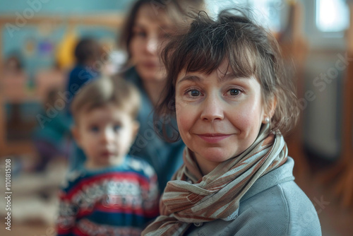 Generative AI Image of Elderly Nanny or Teacher Smiling in Warm Nursery Classroom Setting