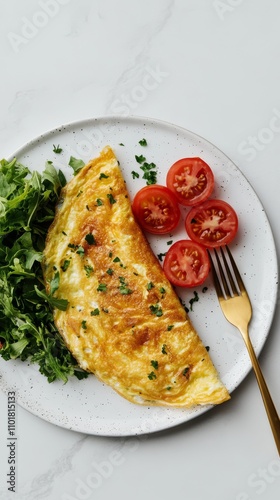 Delicious omelet with fresh tomatoes and arugula served on a white plate