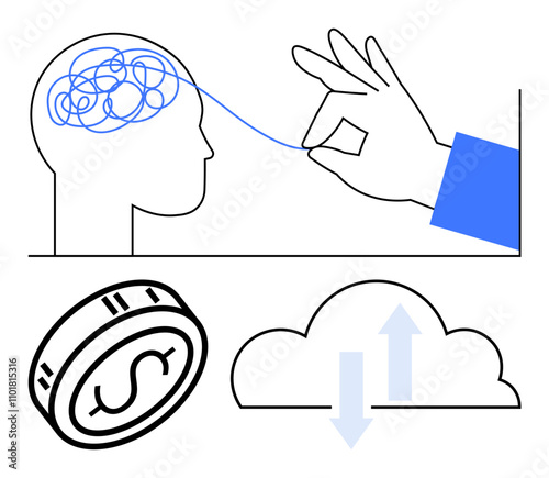 Hand untangling brain thoughts, coin with dollar sign, cloud with arrows. Ideal for mental health, financial planning, technology, data management, cloud storage investment education. Line metaphor