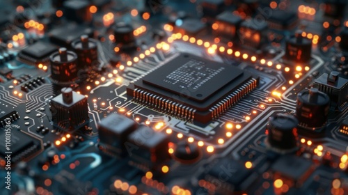 Close-up of a microchip on a circuit board, showcasing intricate electronic components.