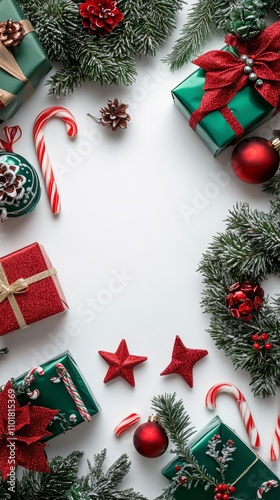 Holiday decorations with wreaths, gifts, and candy canes arranged for a festi...
