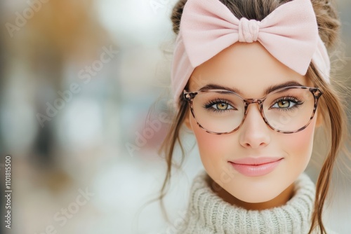 Young woman with pink bow headband against pastel colored background showing ...
