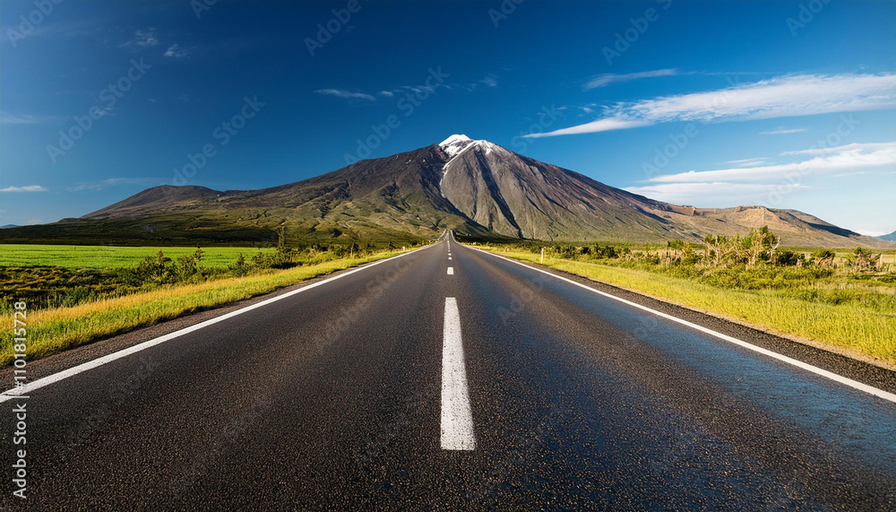 Naklejka premium long empty road with a mountain in the background