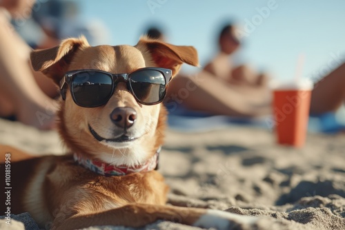 Happy dog relaxing on the beach during sunset with sunglasses and coffee
