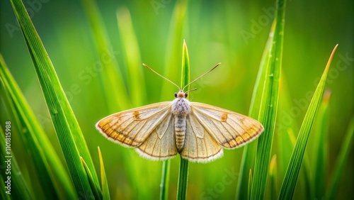 Minimalist Photography of a Delicate Moth Resting on a Lush Grasshead in Natural Light, Capturing Nature's Subtle Beauty and Tranquility in a Serene Outdoor Setting photo