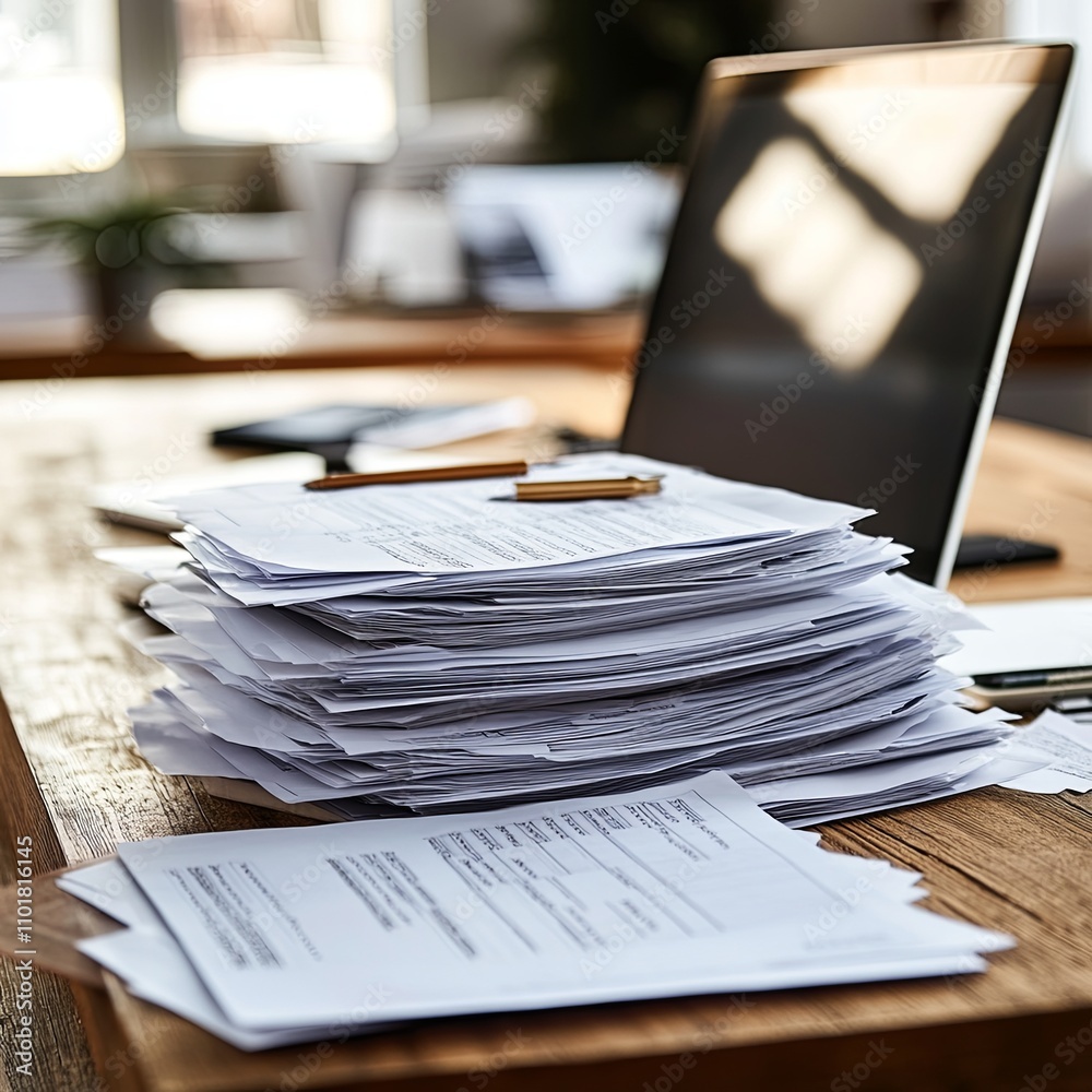 Laptop computer and document on wooden table in modern office room. Laptop computer and document on wooden table in modern office room.