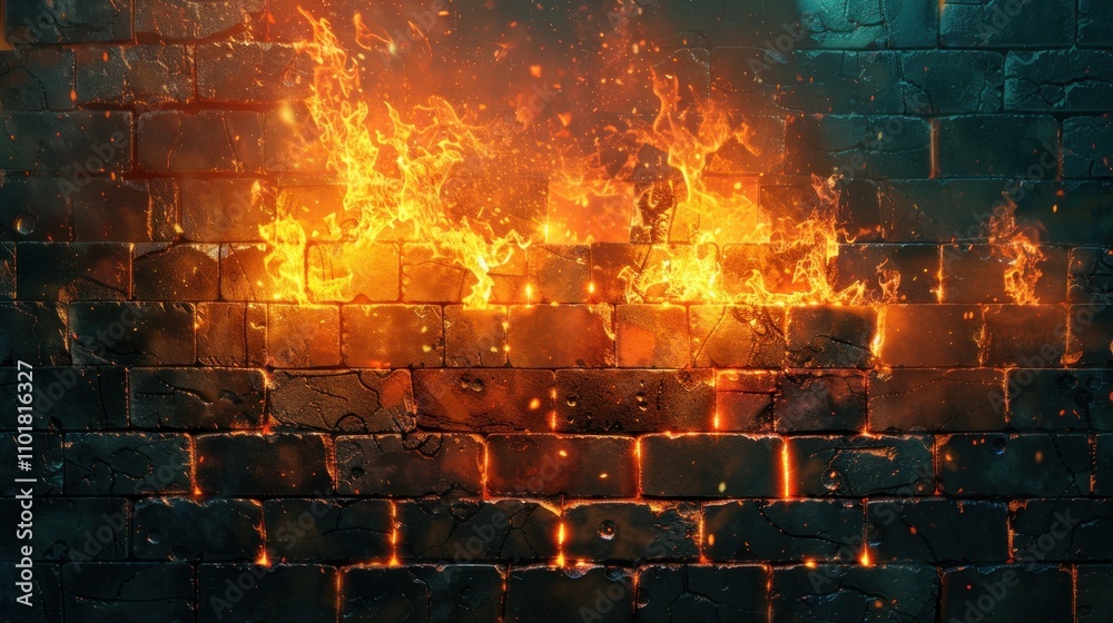 Fototapeta premium A fiery blaze emerges from a textured brick wall, creating a dramatic and intense atmosphere.