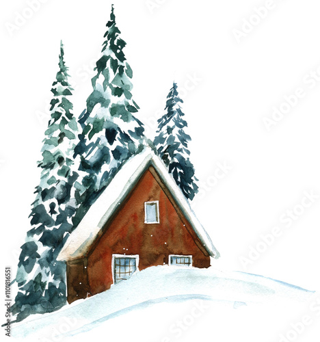Watercolor background with winter fir trees, pine, house,abstract nature background. 