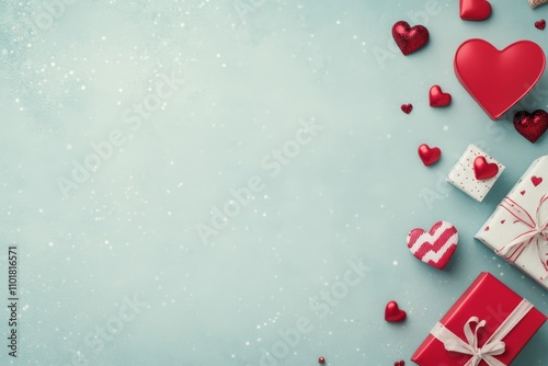 Colorful gifts and hearts create a festive atmosphere for a celebration or sp...