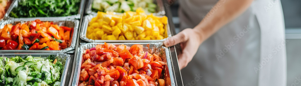 Food Waste Management Circular Economy Concept. Freshly chopped vegetables in trays, ready for cooking or serving. Food Waste Management Circular Economy Concept. Freshly chopped vegetables in trays, ready for cooking or serving.