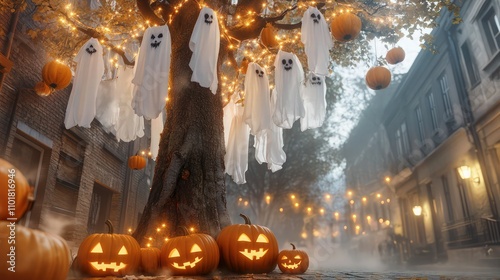 A tall tree lining a street, decorated with ghostly white sheets hanging from its branches, swaying in the breeze. 