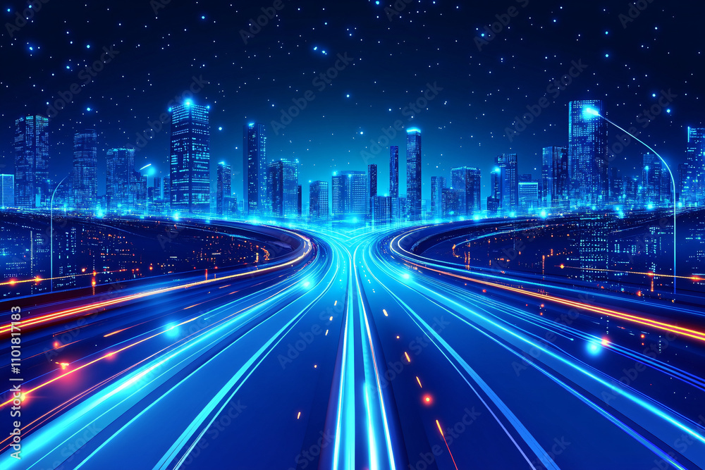 Fototapeta premium A sprawling futuristic city with vibrant glowing highways and a starry night sky creating a dazzling urban spectacle