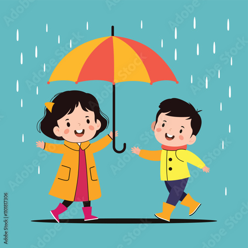 Cute girl enjoying the rain. The kid is wearing a raincoat with an umbrella. Rainy day vector illustration with a happy girl in rubber boots