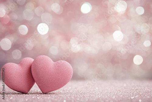 Pink heart decorations on a soft background with bokeh lights for celebrating...