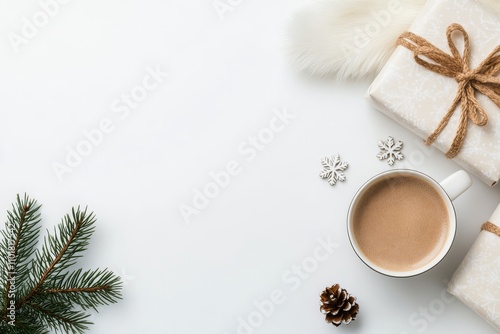 Cozy winter setting with warm beverage, gifts, and seasonal decorations on a ...