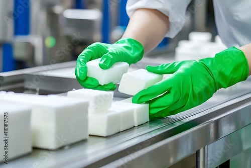 Workers in green gloves cleaning the production line with white products on a conveyor belt, close-up shot photo